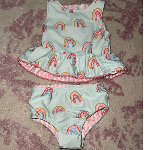 Mud Pie Baby Girl Reversible Swimsuit Rainbow Pink Stripe Ruffle Trim 6-9 Months - Picture 1 of 6
